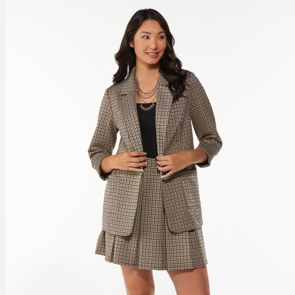 Coffee Houndstooth Blazer with Mini Skirt